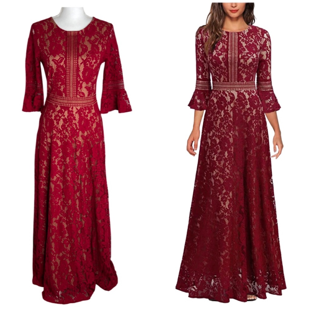 MISSMAY Full Lace Contrast Bell Sleeve Formal Long Dress Red Size S NWT - Picture 3 of 15